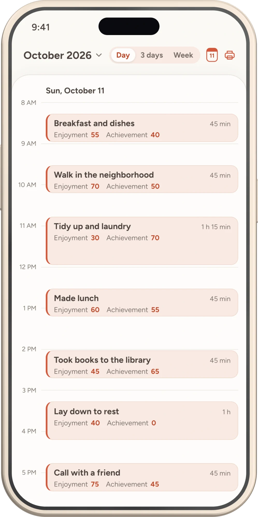 Ema Acta’s day view, with activities from morning to evening along the hours