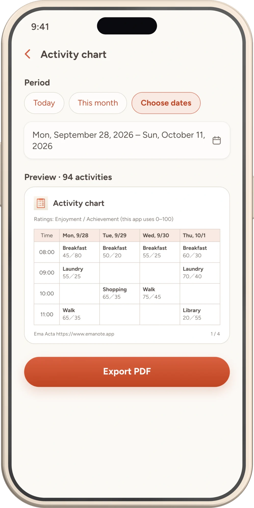 Ema Acta’s export screen with a period and a preview of the activity chart