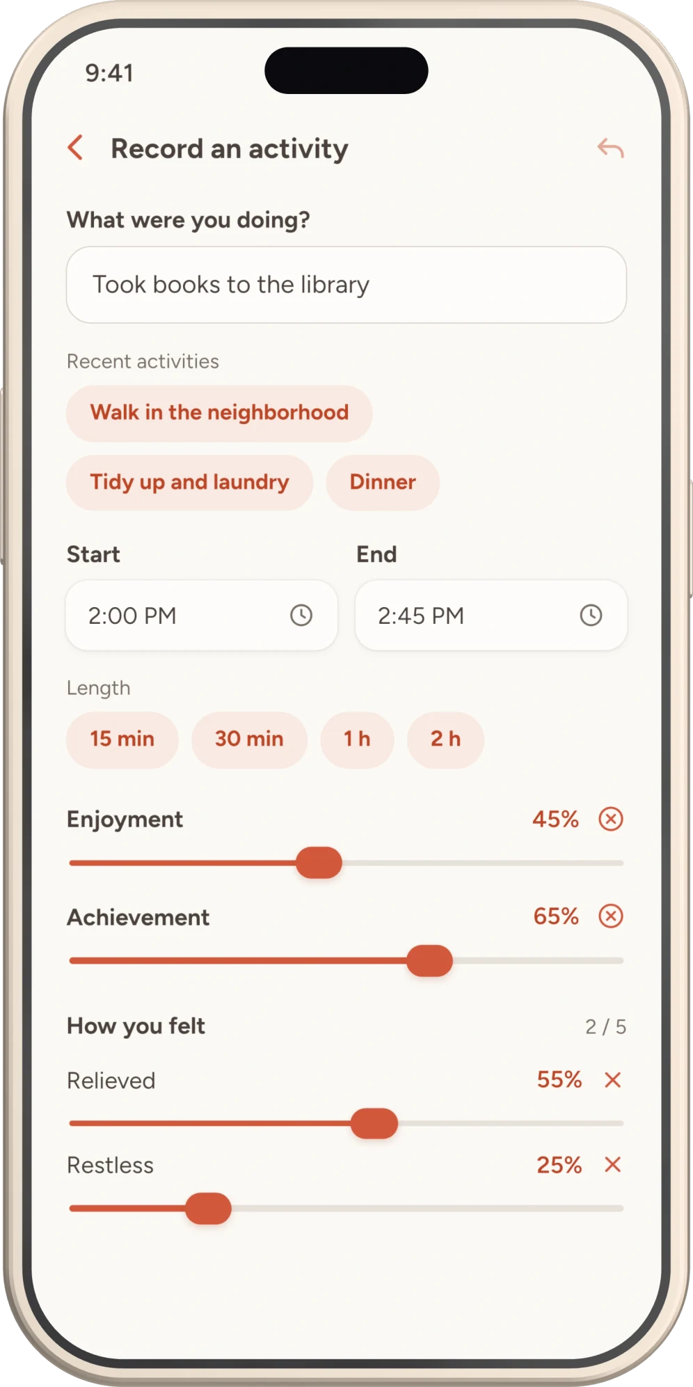 Ema Acta’s entry screen with the activity, start and end, Enjoyment, Achievement and moods