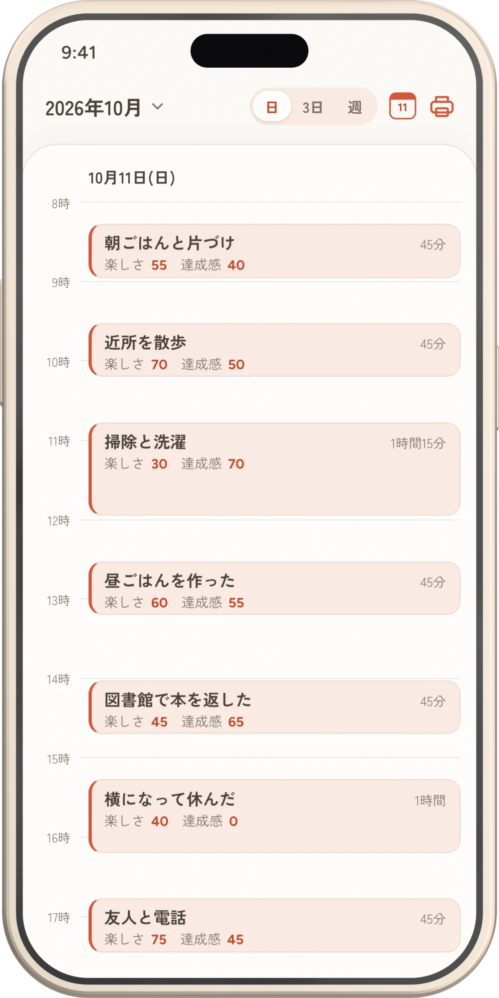 Ema Acta の1日の表示。朝から夕方までの活動が、時間に沿って並んでいる